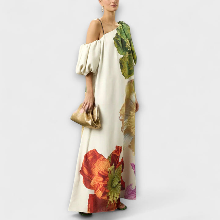 Vestido Maxi con Estampado Floral, Escote Asimétrico y Mangas Abullonadas