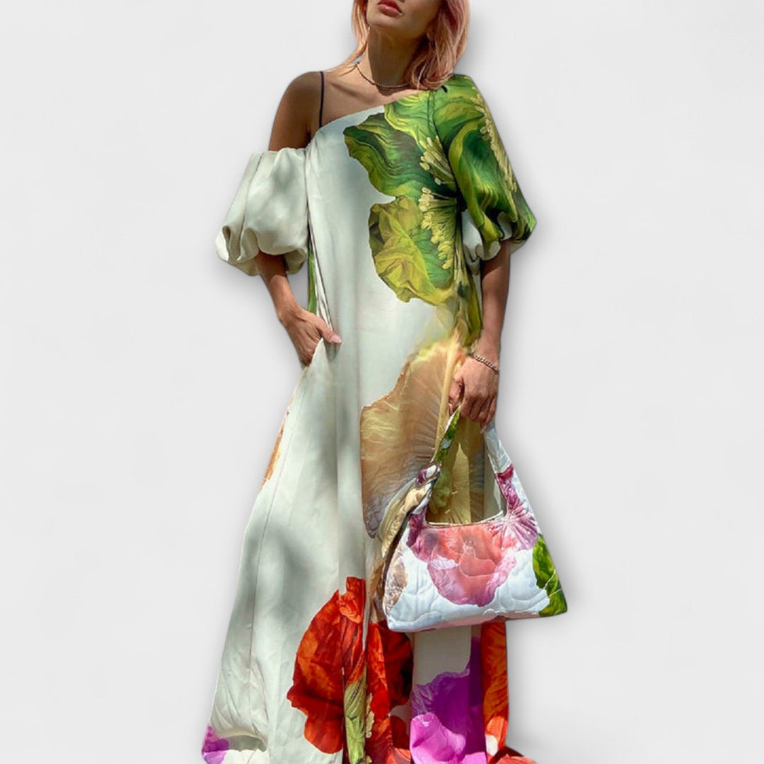 Vestido Maxi con Estampado Floral, Escote Asimétrico y Mangas Abullonadas