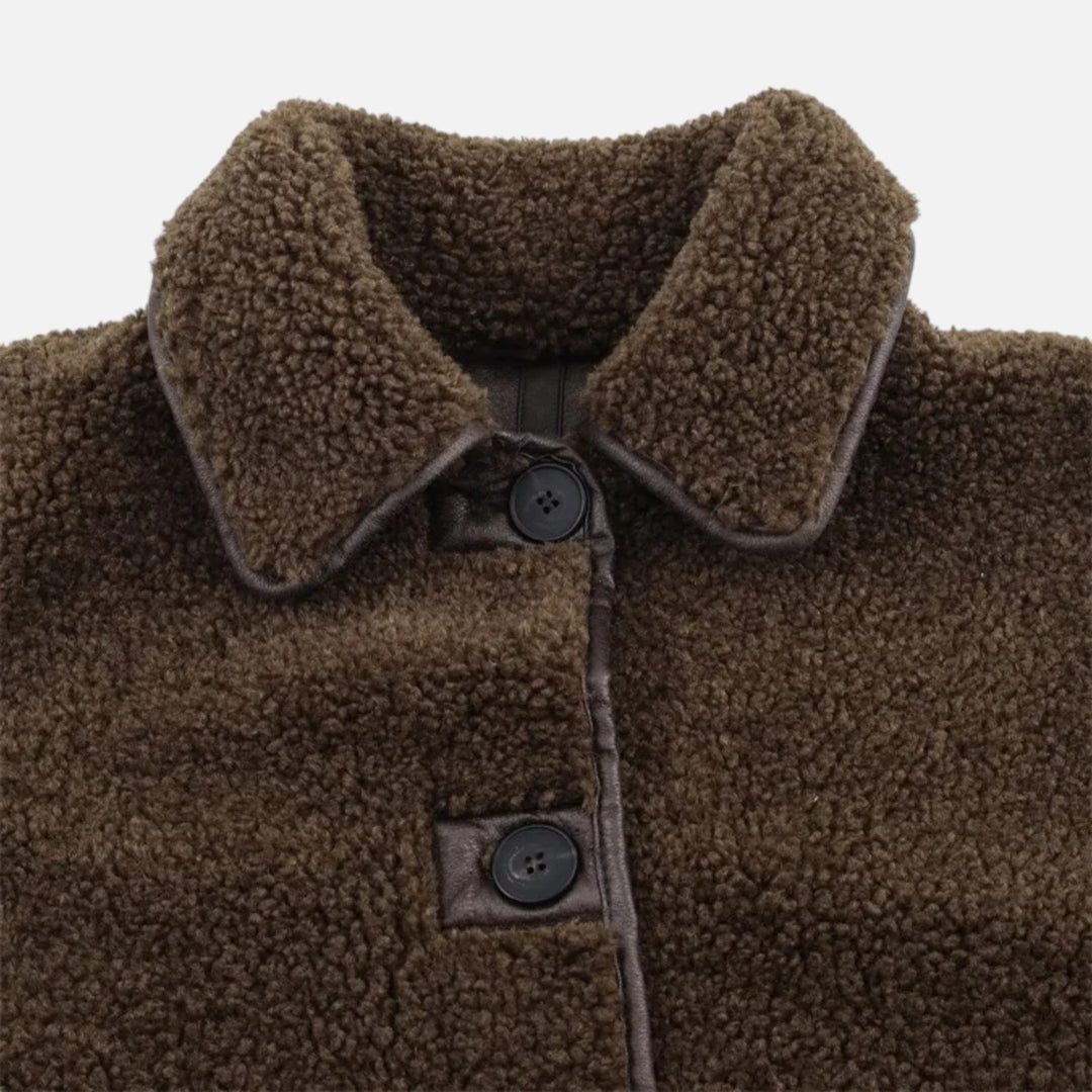 Jachetă reversibilă de damă, maro, din teddy, cu guler întors