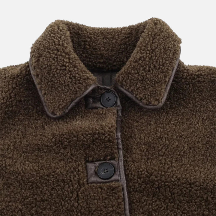 Jachetă reversibilă de damă, maro, din teddy, cu guler întors