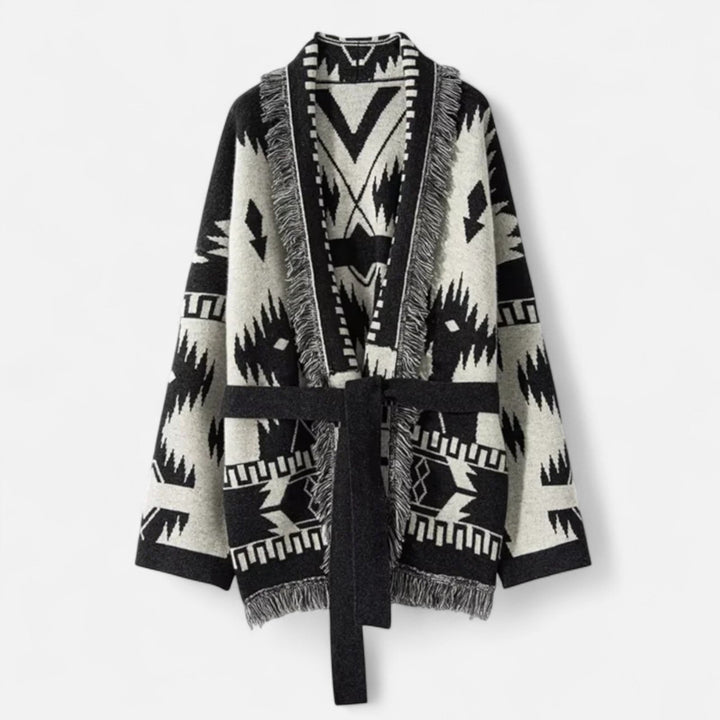 Cárdigan de cachemira 100% para mujer con flecos – Elegancia vintage en jacquard