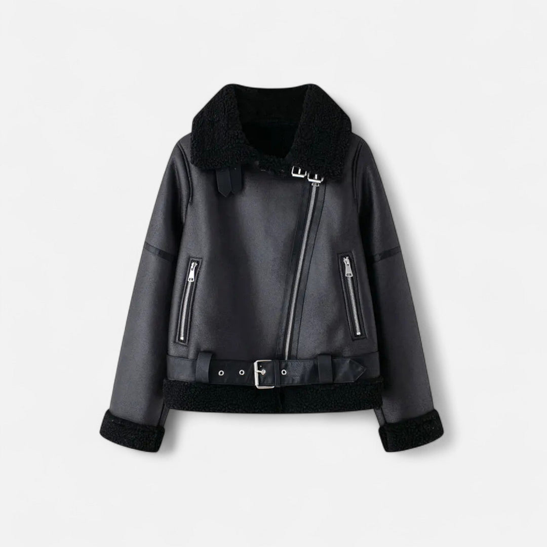 Giacca in pelle autunnale da donna con cintura