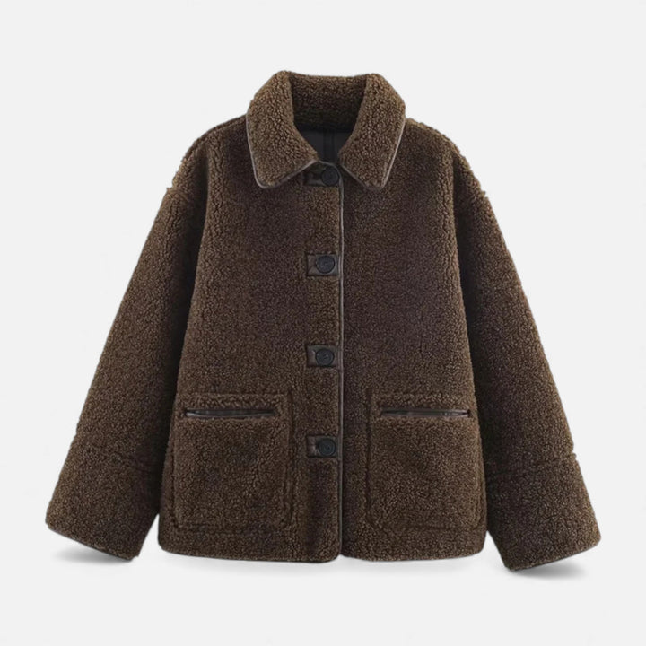 Jachetă reversibilă de damă, maro, din teddy, cu guler întors