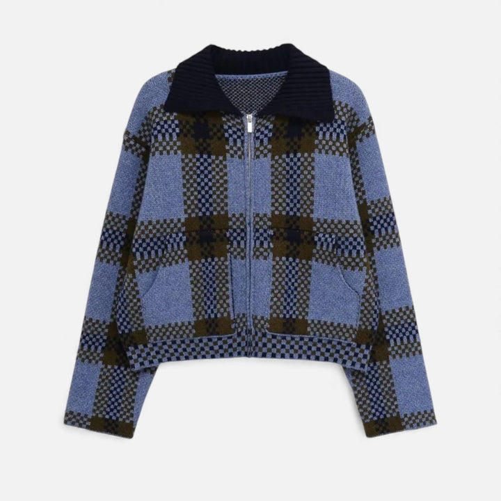 Women’s Plaid Knitted Zipper Jacket with Turn-Down Collar