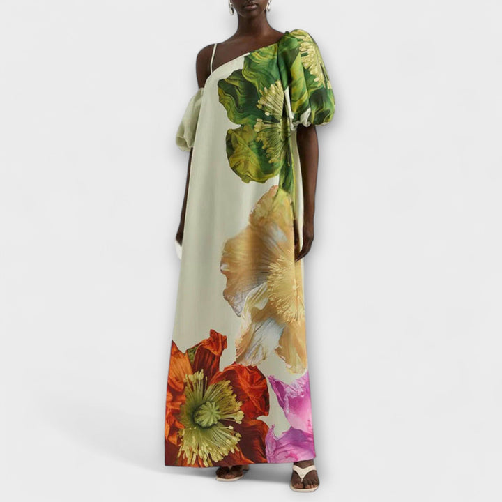 Vestido Maxi con Estampado Floral, Escote Asimétrico y Mangas Abullonadas