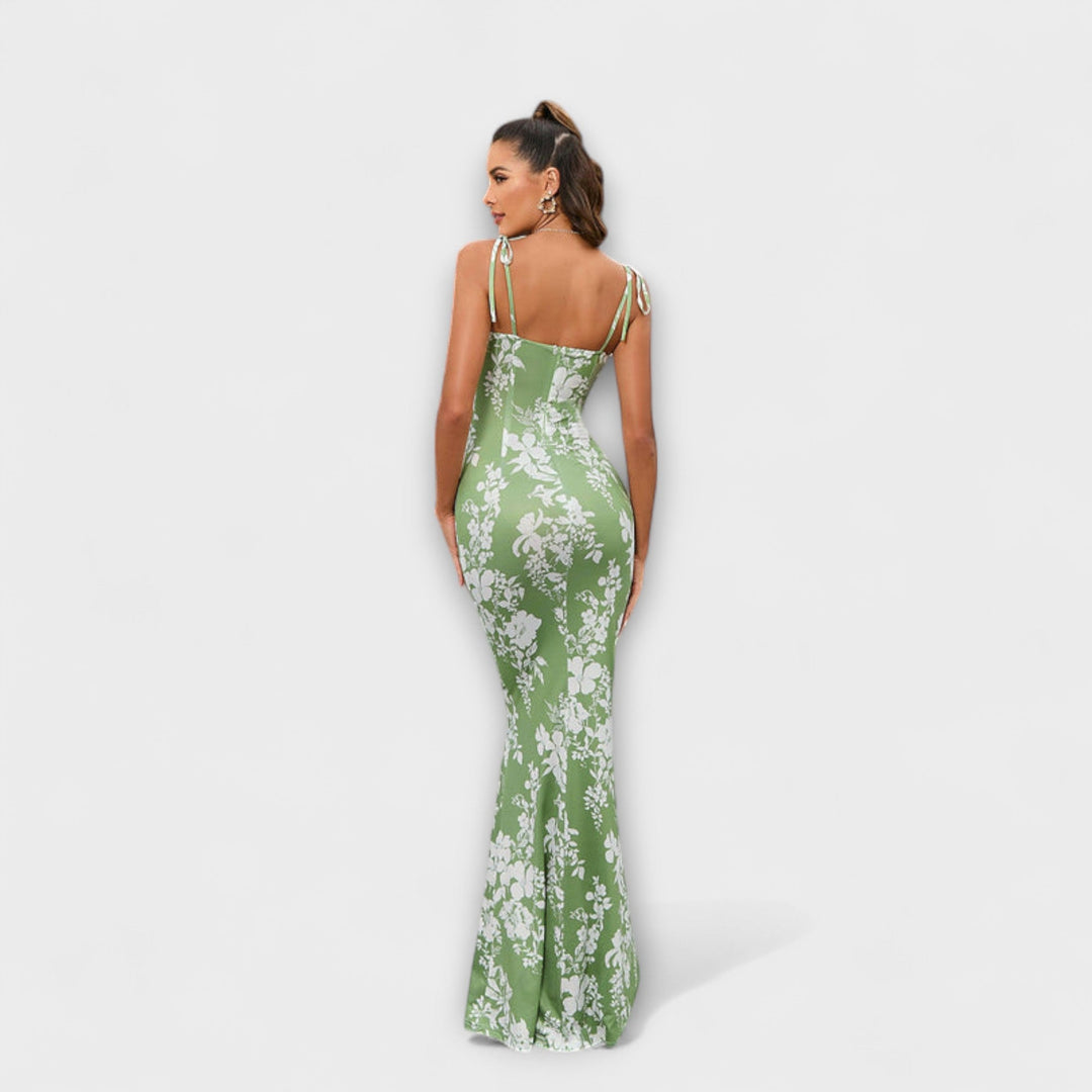 Floral Print Prom Dress with Tied Shoulder Straps