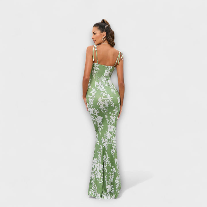 Floral Print Prom Dress with Tied Shoulder Straps