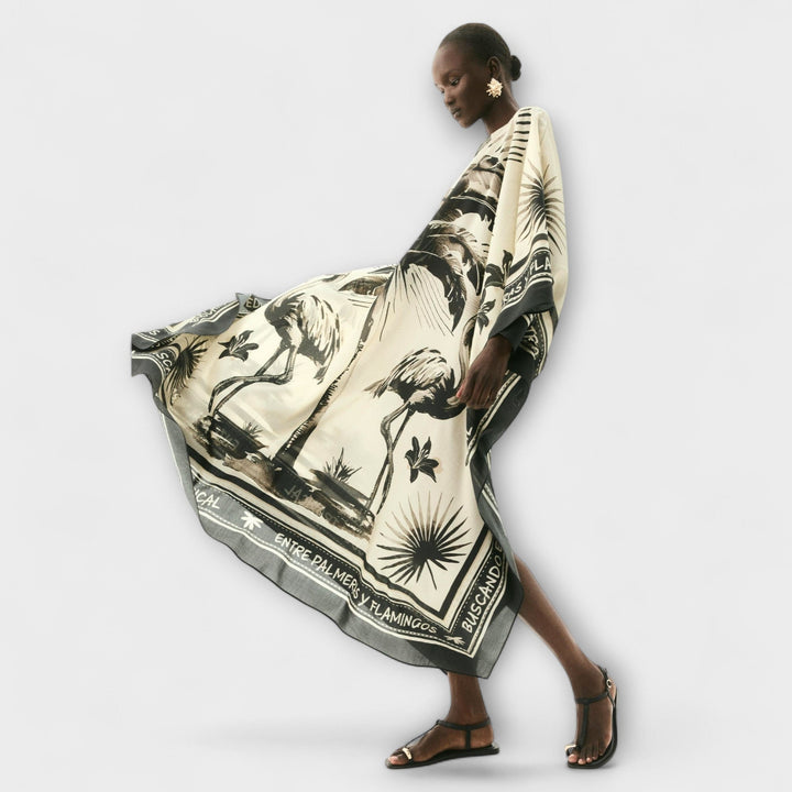 Ekstra stor flamingo-print kaftan maxikjole