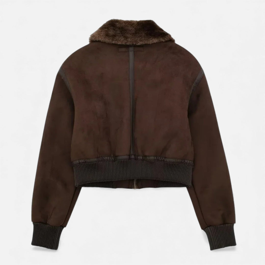 Women’s Brown Bomber Jacket, Luxe Faux Fur Trim