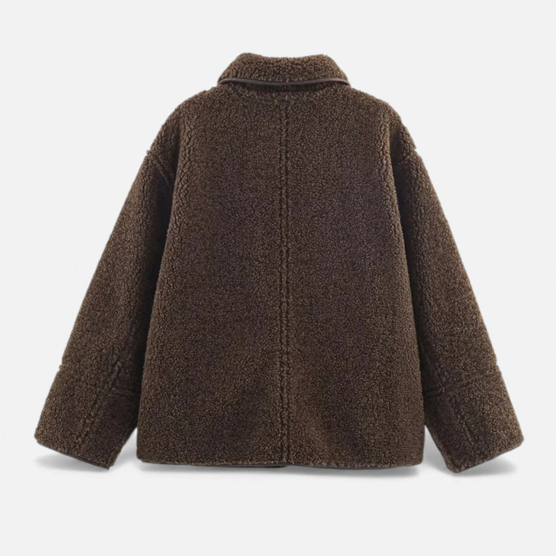 Jachetă reversibilă de damă, maro, din teddy, cu guler întors