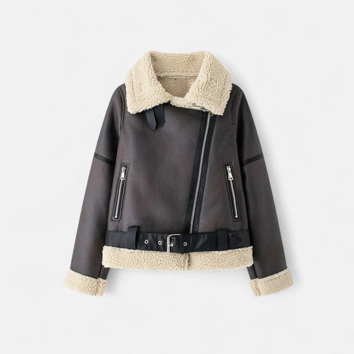Giacca in pelle autunnale da donna con cintura