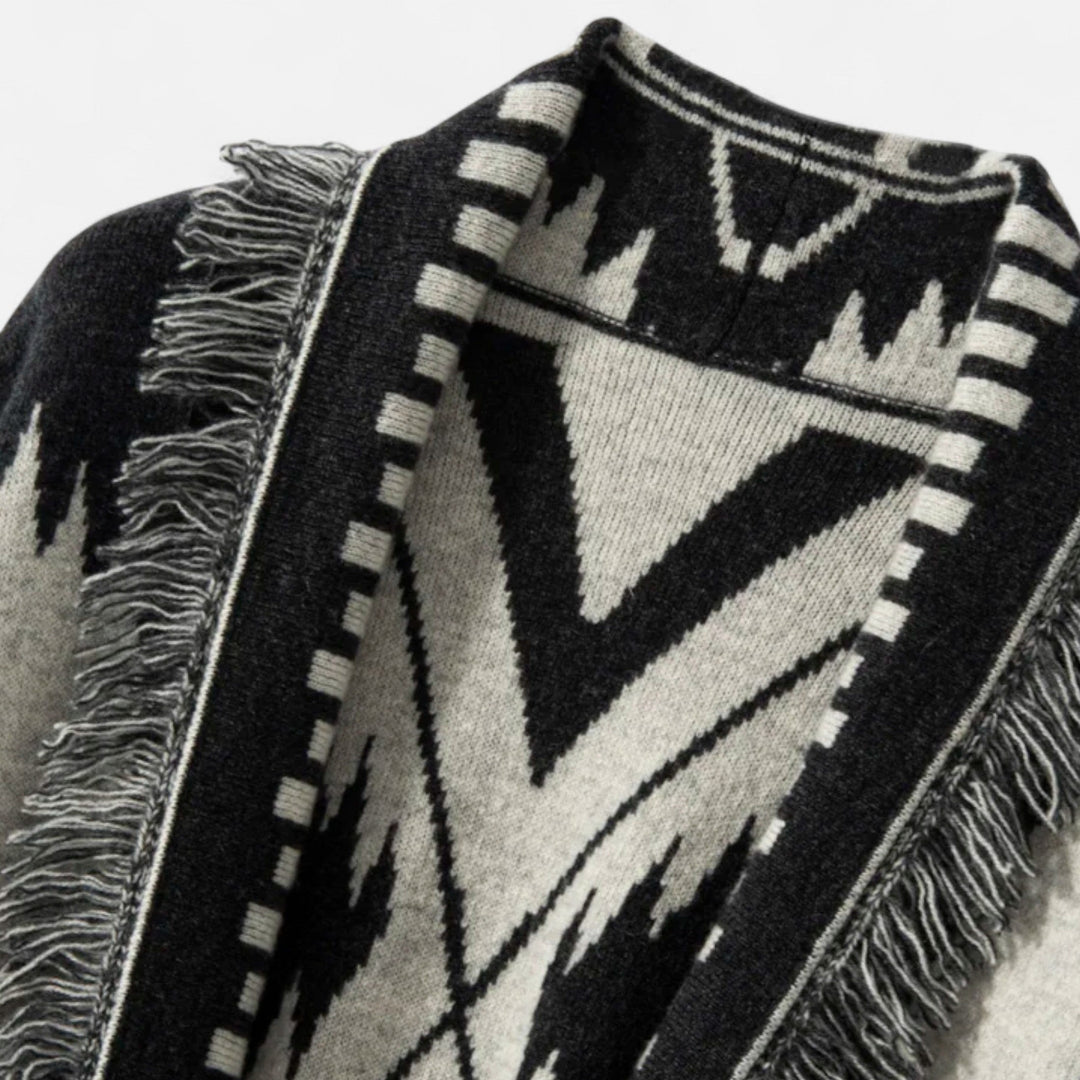 Cárdigan de cachemira 100% para mujer con flecos – Elegancia vintage en jacquard