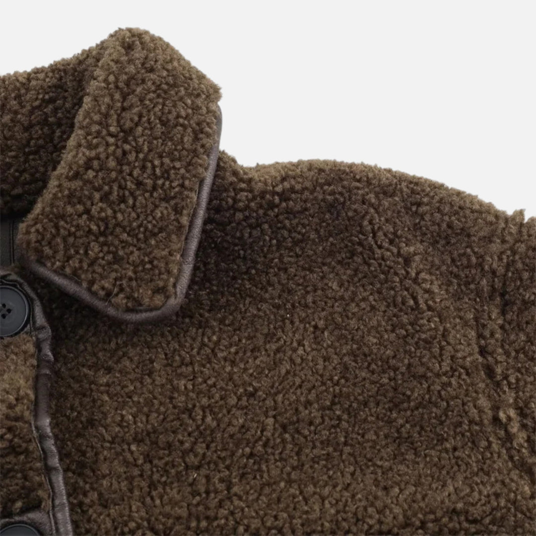 Jachetă reversibilă de damă, maro, din teddy, cu guler întors