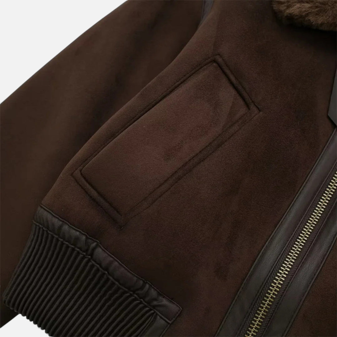 Women’s Brown Bomber Jacket, Luxe Faux Fur Trim