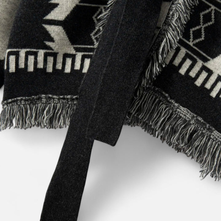 Cárdigan de cachemira 100% para mujer con flecos – Elegancia vintage en jacquard