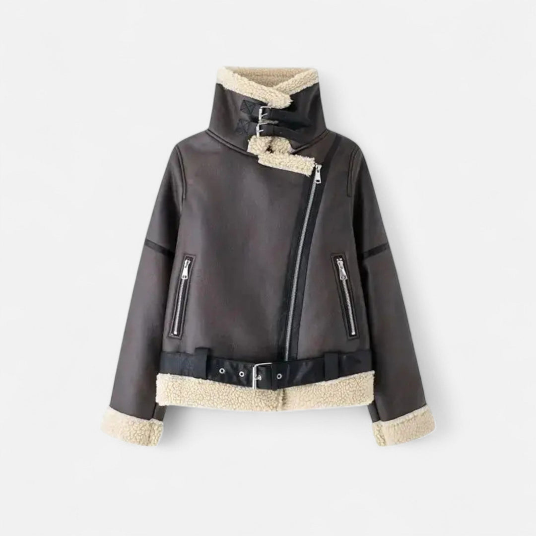 Giacca in pelle autunnale da donna con cintura