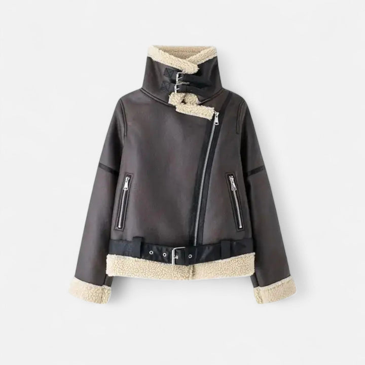 Giacca in pelle autunnale da donna con cintura