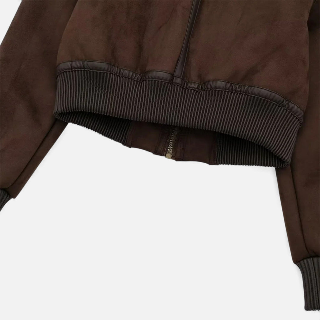 Women’s Brown Bomber Jacket, Luxe Faux Fur Trim