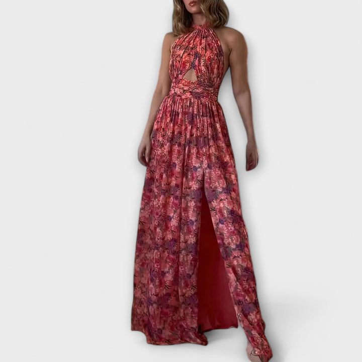 Rochie maxi fără spate cu model floral