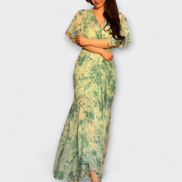 Vestito elegante a fiori con scollo a V