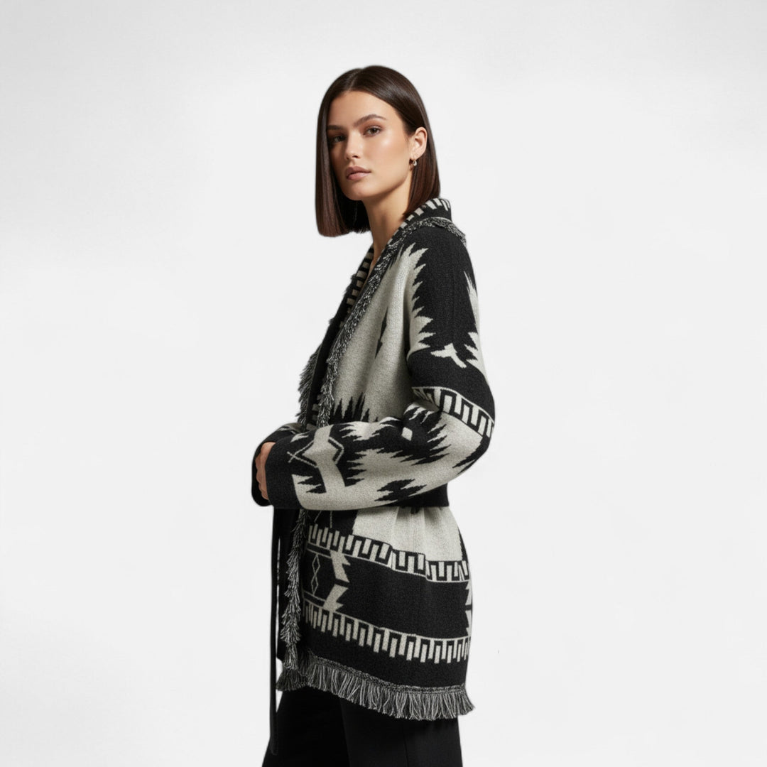 Cárdigan de cachemira 100% para mujer con flecos – Elegancia vintage en jacquard