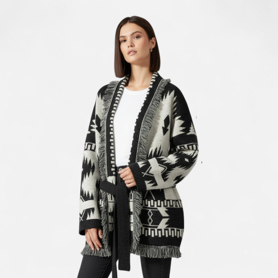 Cárdigan de cachemira 100% para mujer con flecos – Elegancia vintage en jacquard