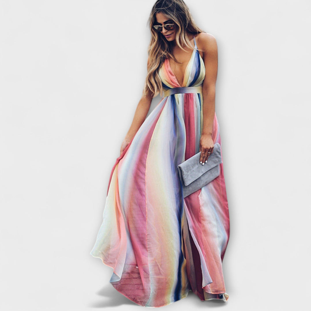 Multicolored Striped Women's Dress with V-Neck