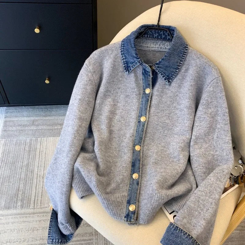 Denim Collar Faux Two-Piece Knit Cardigan