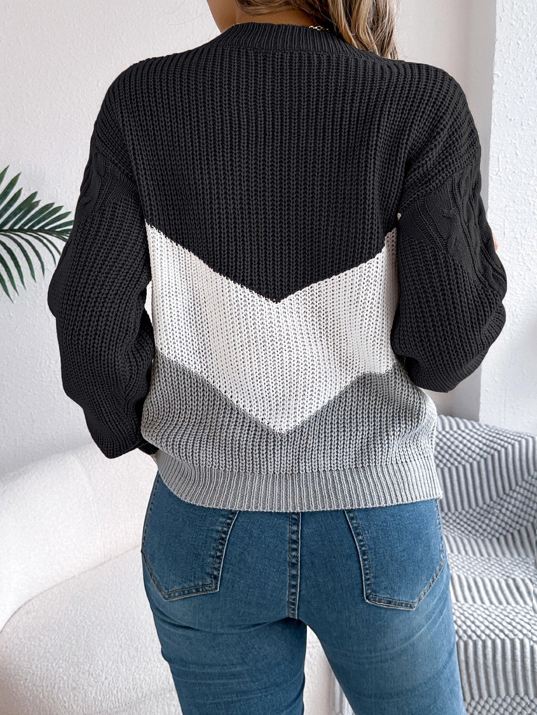 Color Block Round Neck Knit Sweater