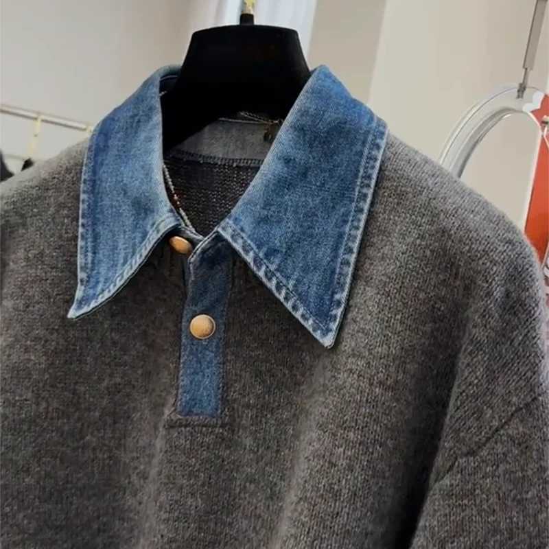 Pull en tricot patchwork en denim