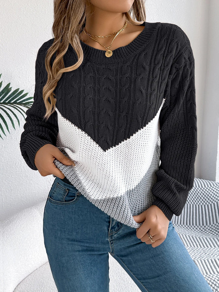 Color Block Round Neck Knit Sweater