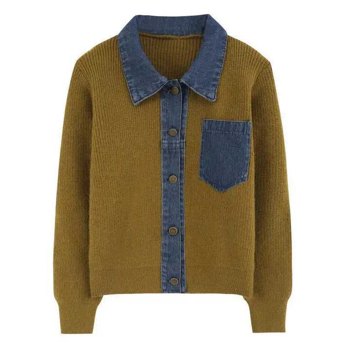 Denim Patchwork Strikket Polo Cardigan