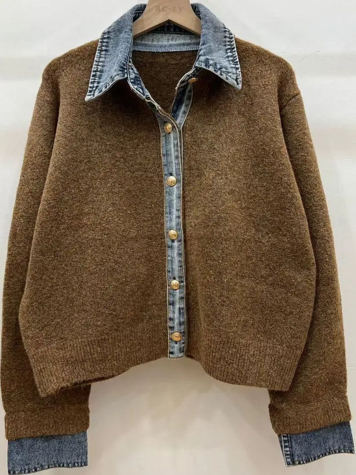 Denim Collar Faux Two-Piece Knit Cardigan