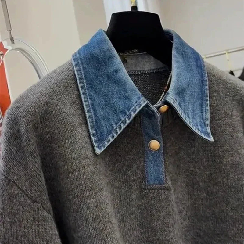 Pull en tricot patchwork en denim