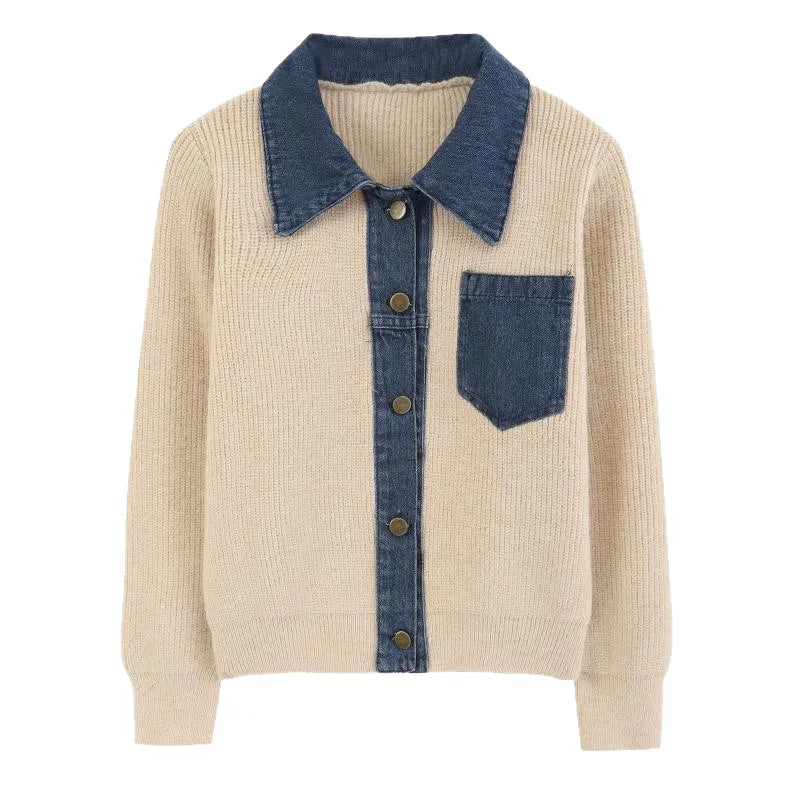 Denim Patchwork Strikket Polo Cardigan