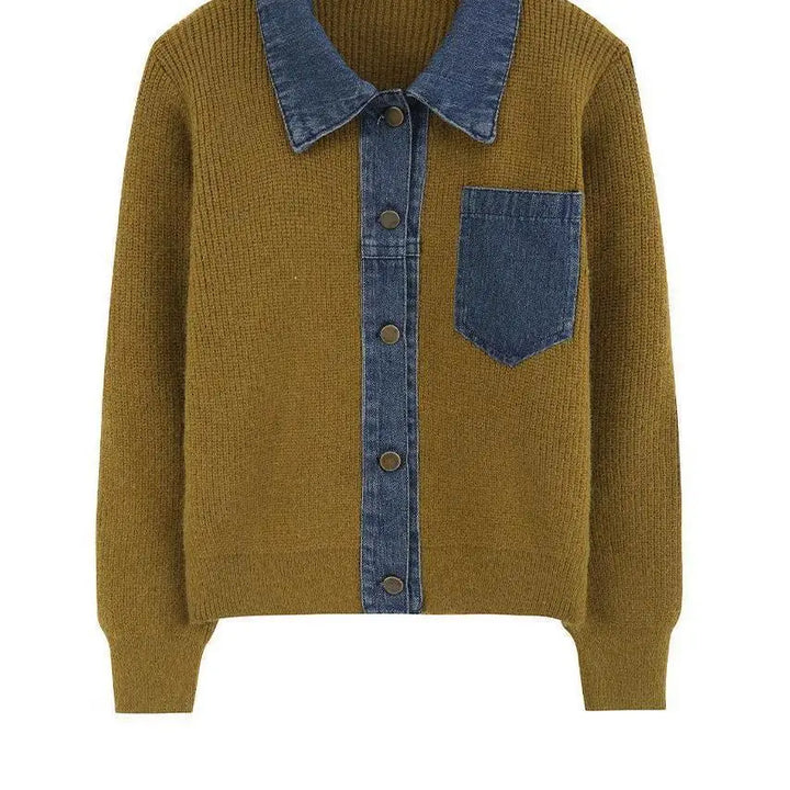 Denim Patchwork Strikket Polo Cardigan