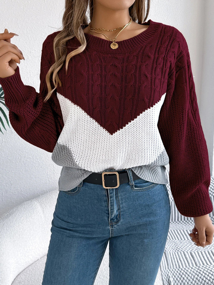 Color Block Round Neck Knit Sweater