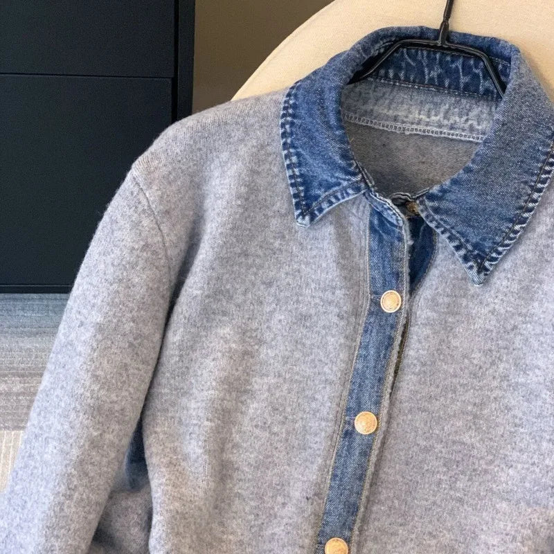 Denim Collar Faux Two-Piece Knit Cardigan