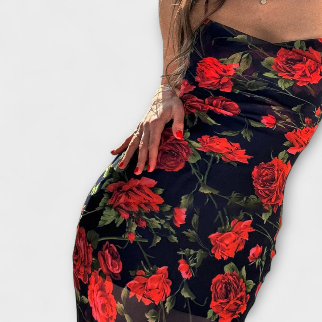Rochie bodycon cu bretele spaghetti și model floral