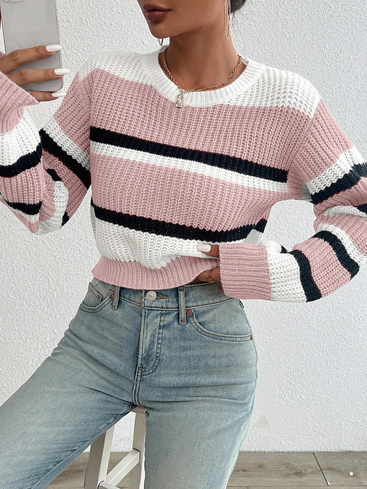 Drop Shoulder Color Match Knit Sweater