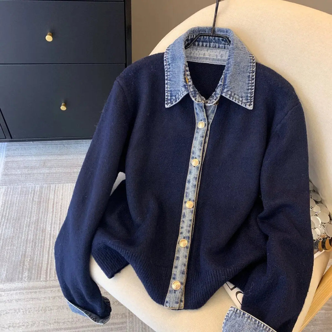 Denim Collar Faux Two-Piece Knit Cardigan