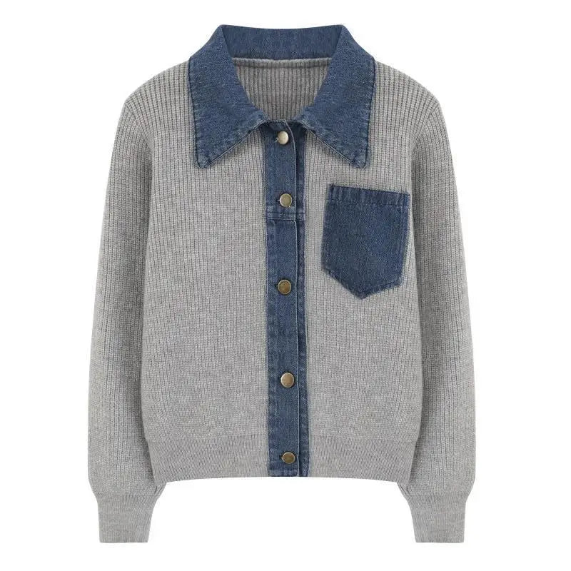 Denim Patchwork Strikket Polo Cardigan