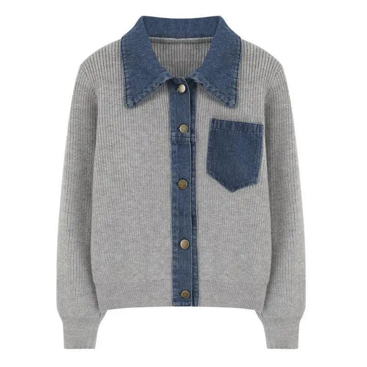 Denim Patchwork Strikket Polo Cardigan