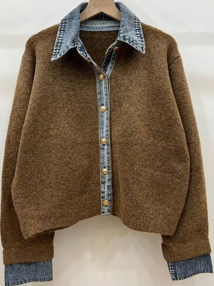 Denim Collar Faux Two-Piece Knit Cardigan