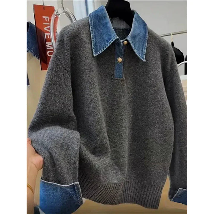 Pull en tricot patchwork en denim
