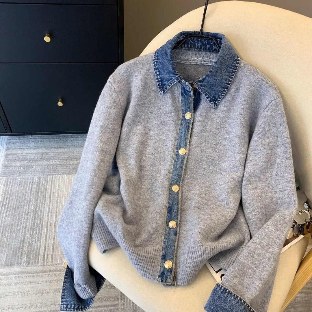 Denim Collar Faux Two-Piece Knit Cardigan
