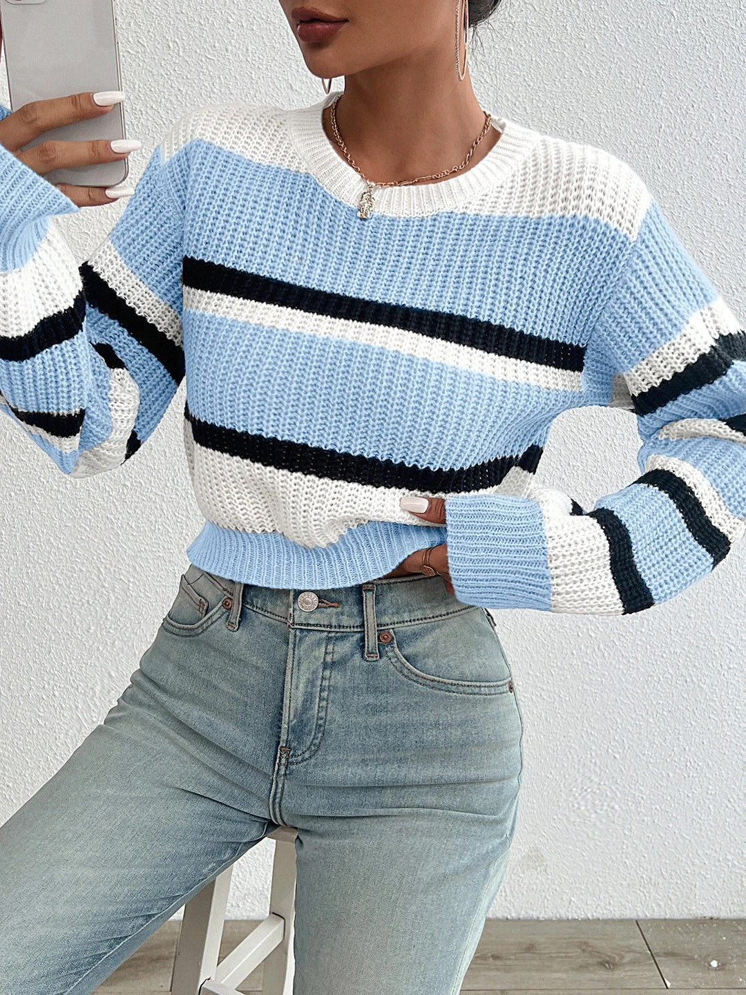 Drop Shoulder Color Match Knit Sweater