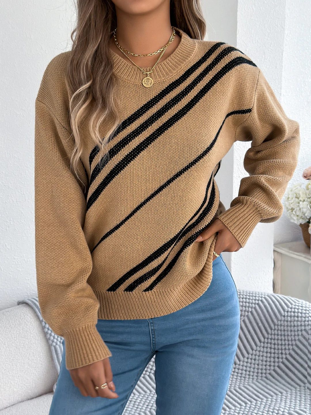 Twill Texture Color Block Knit Pullover