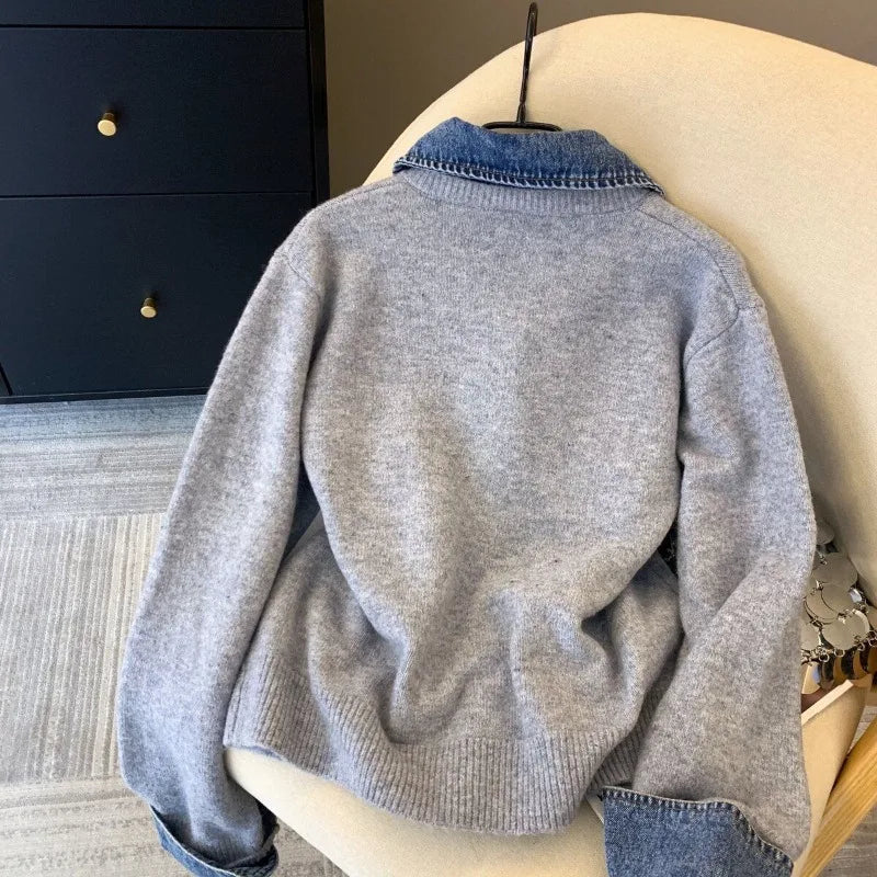 Denim Collar Faux Two-Piece Knit Cardigan