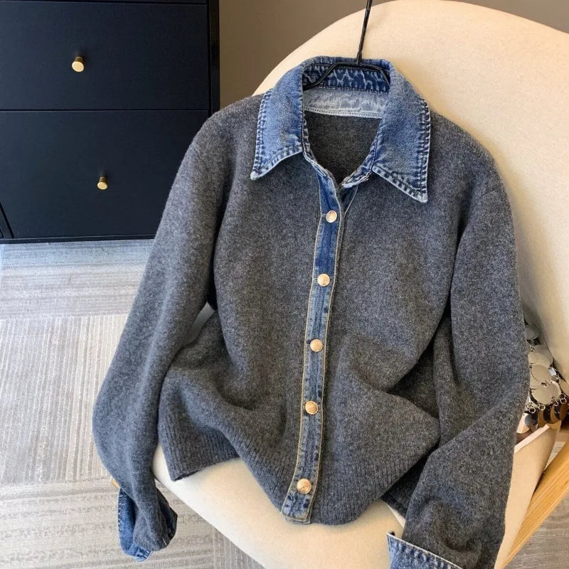 Denim Collar Faux Two-Piece Knit Cardigan